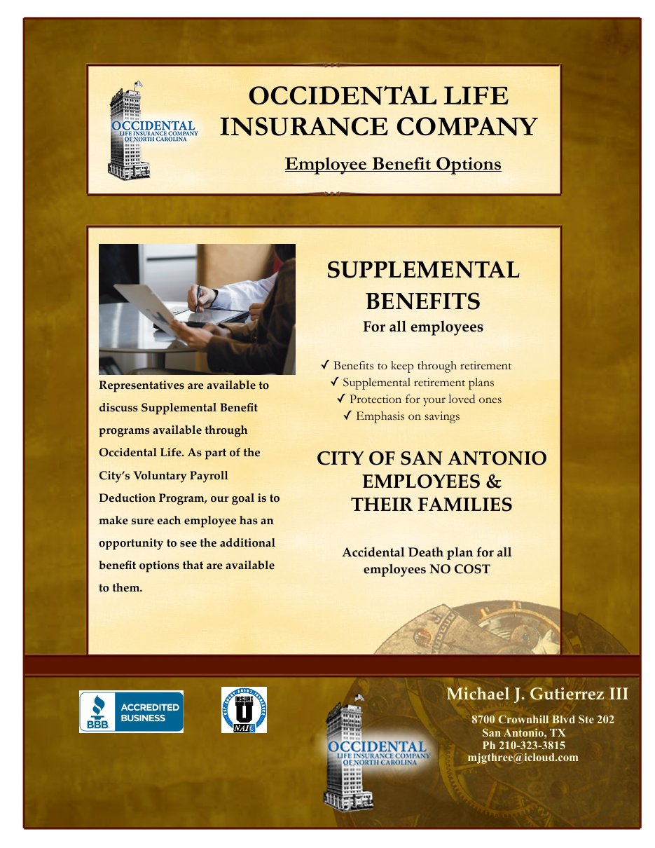 Occidental Life Employee Benefit Options flyer for City of San Antonio employees